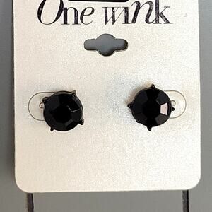 One Wink Black Faceted Stud Earrings 0.49" Diameter Round Crystal, Free Gift Bag